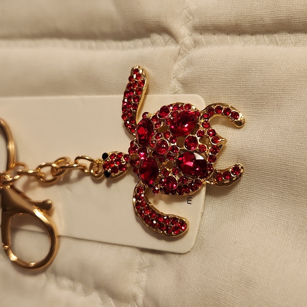 Turtle bag charm/ key chain, Red rhinestones, gold-tone